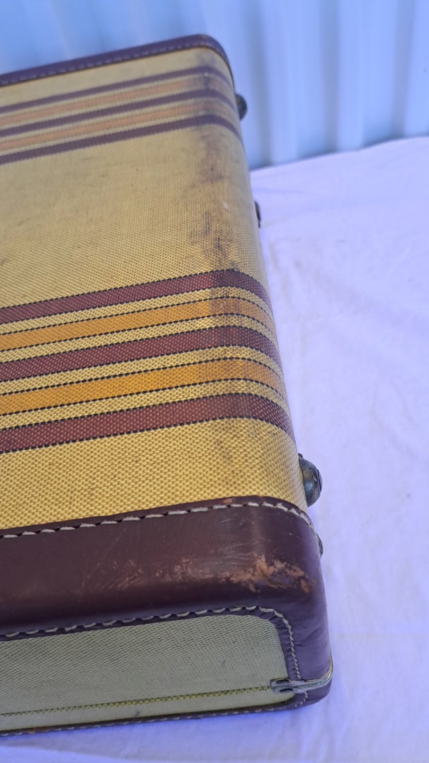 Tan Striped Canvas Suitcase Brown Leather Trim Brass Latches 18 X 13 X 6 In - 6