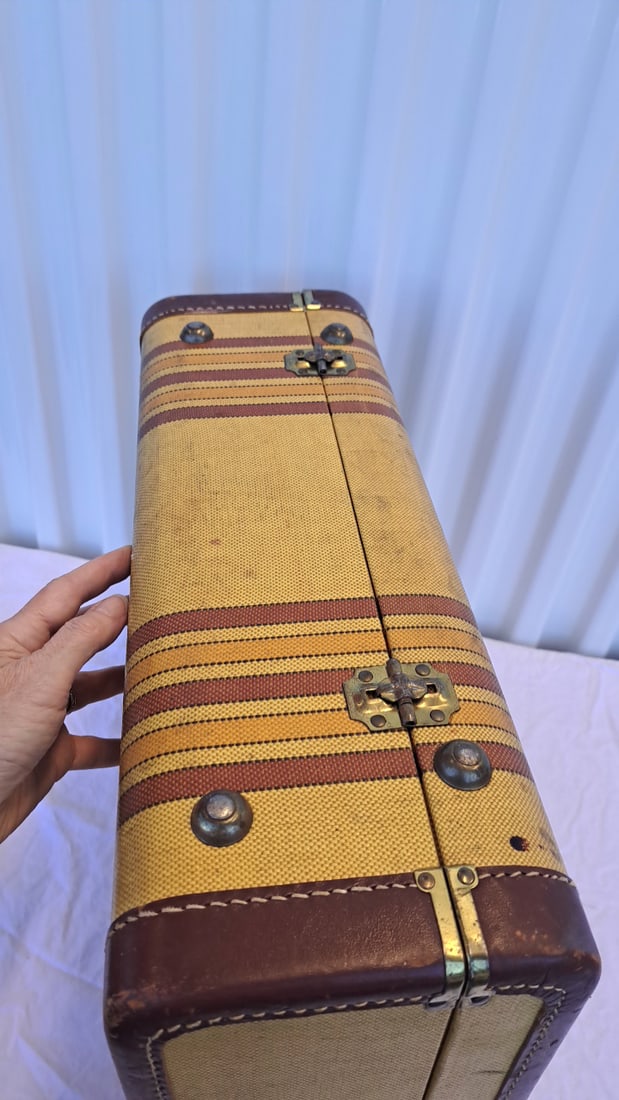 Tan Striped Canvas Suitcase Brown Leather Trim Brass Latches 18 X 13 X 6 In - 7