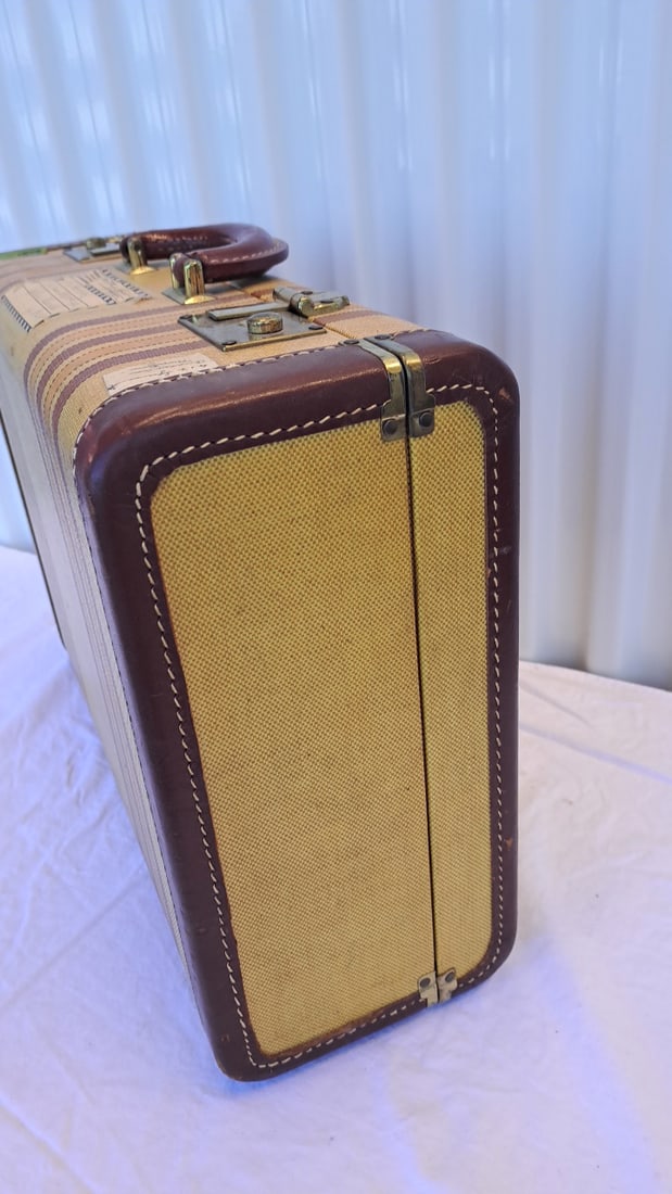 Tan Striped Canvas Suitcase Brown Leather Trim Brass Latches 18 X 13 X 6 In - 9