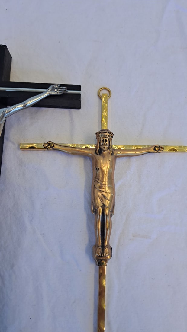 2 Wall Crucifixes, Black Wood Silver-tone Corpus Gold-tone Metal - 2