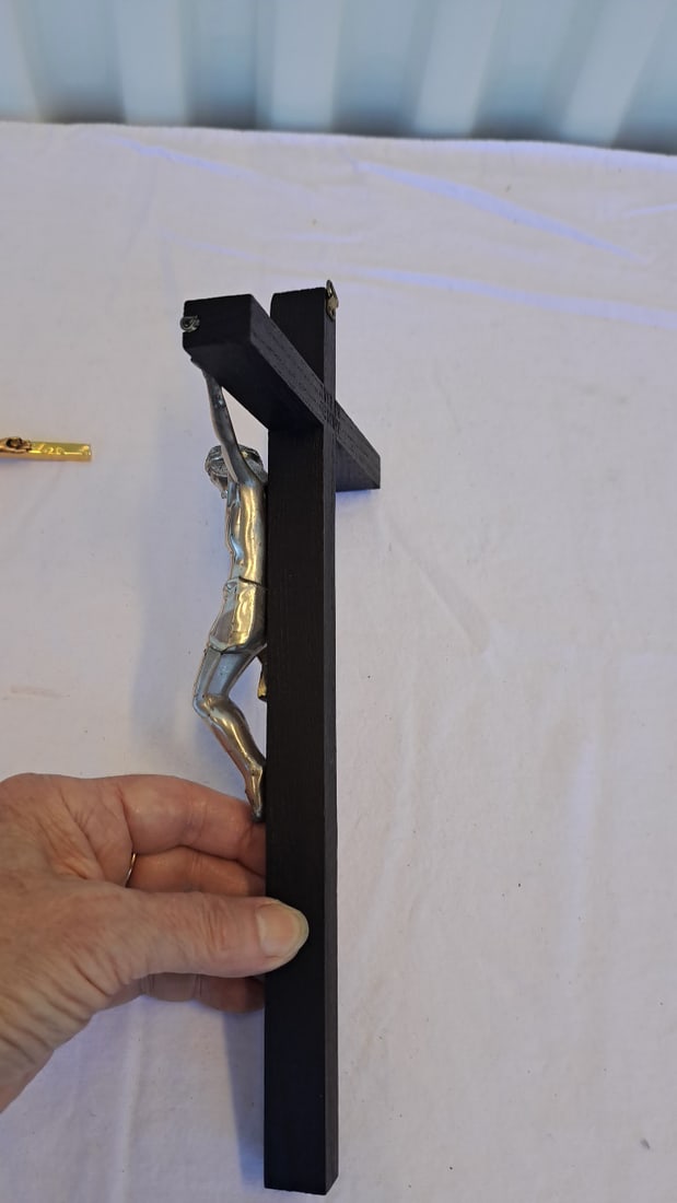 2 Wall Crucifixes, Black Wood Silver-tone Corpus Gold-tone Metal - 5