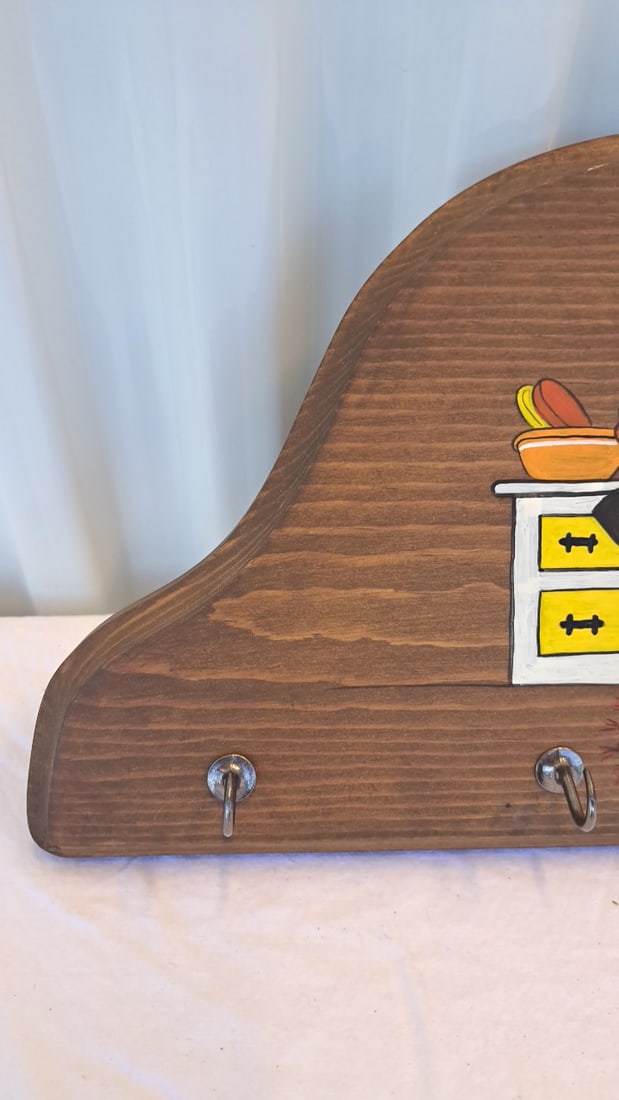 Signed Madelyn Hand-painted Wooden Wall Hook Rack Girl Kitchen Scene 5 Hooks - 2