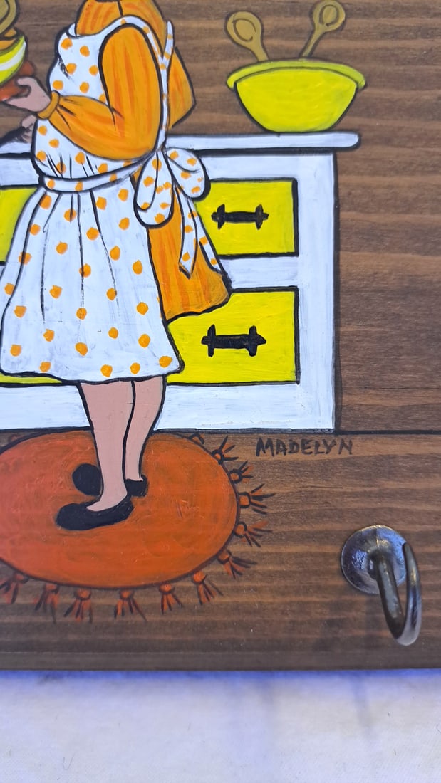 Signed Madelyn Hand-painted Wooden Wall Hook Rack Girl Kitchen Scene 5 Hooks - 4