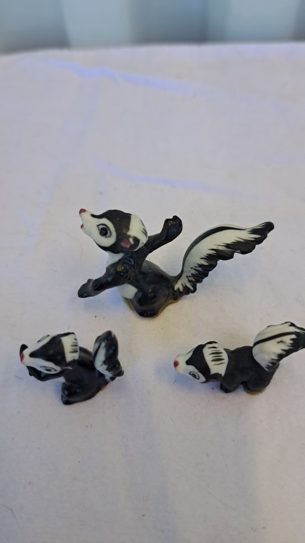 Set Of 3 Black And White Skunk Miniature Figurines With Red Noses - 3