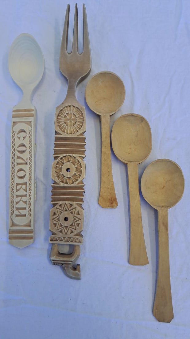 1987 Leningrad Russia Carved Wooden Spoon And Fork And 3 Other Spoons: 16 x 4 x 4 in. 1lb Low Estimate: 10.00 High Estimate: 35.00