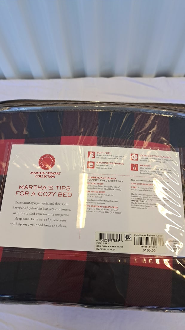 Martha Stewart Collection Lumberjack Plaid Full Flannel Sheet Set Red Black 100% Cotton - 3
