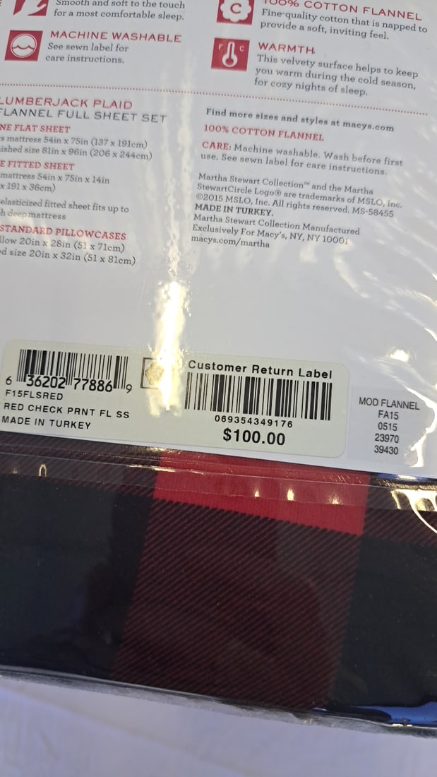 Martha Stewart Collection Lumberjack Plaid Full Flannel Sheet Set Red Black 100% Cotton - 4