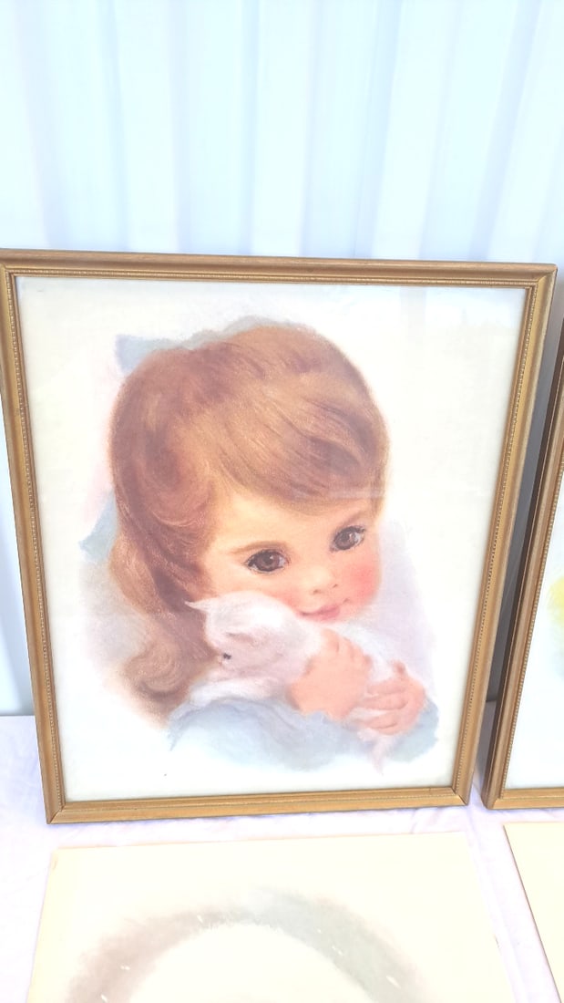 Child Portrait Art Prints Lot Of 4, 2 Gold-tone Framed, Girl With Lamb, Blonde Girl, Boy In Cap - 2