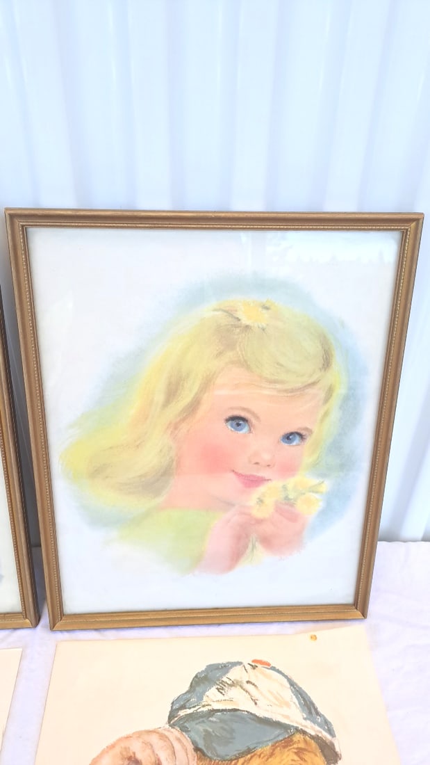 Child Portrait Art Prints Lot Of 4, 2 Gold-tone Framed, Girl With Lamb, Blonde Girl, Boy In Cap - 3
