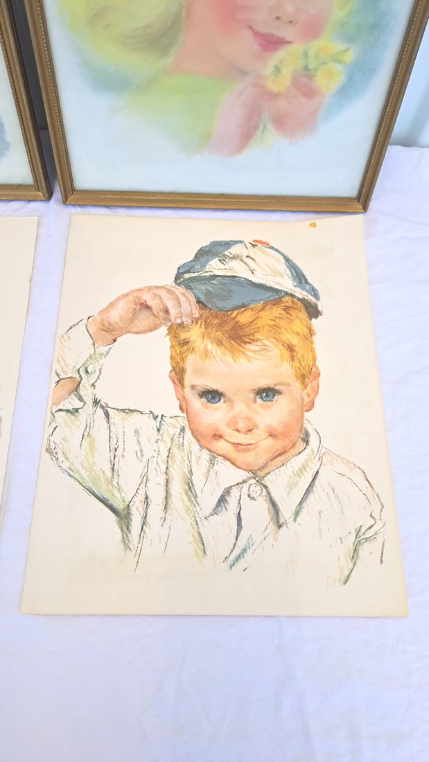Child Portrait Art Prints Lot Of 4, 2 Gold-tone Framed, Girl With Lamb, Blonde Girl, Boy In Cap - 4