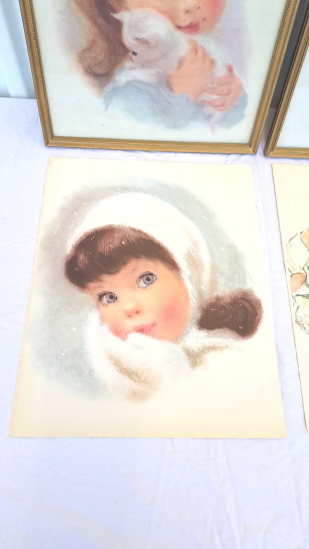 Child Portrait Art Prints Lot Of 4, 2 Gold-tone Framed, Girl With Lamb, Blonde Girl, Boy In Cap - 5