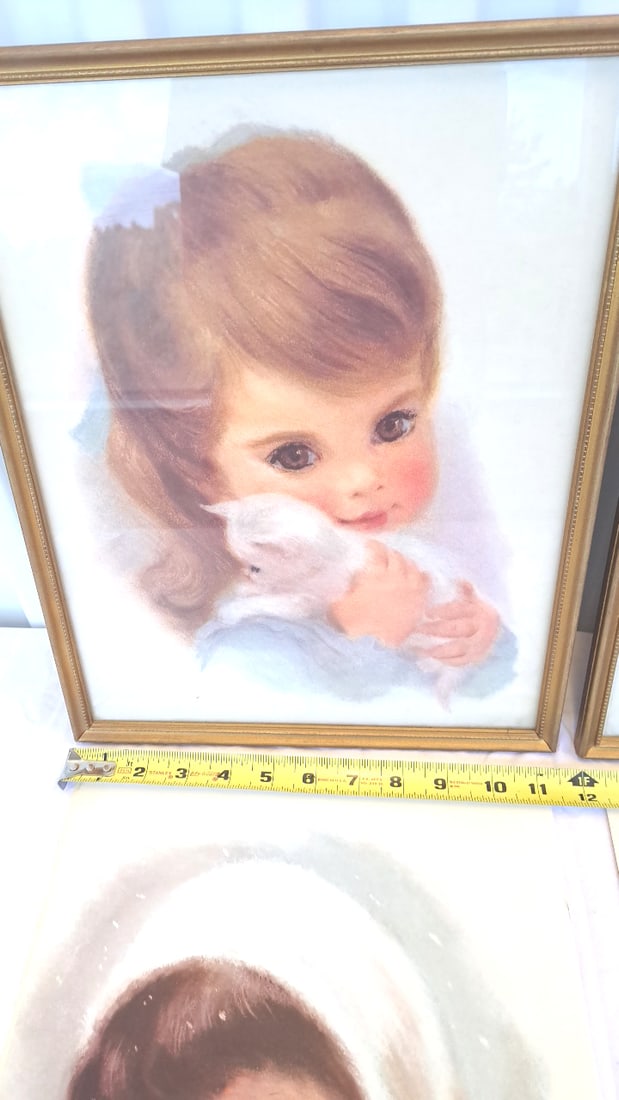 Child Portrait Art Prints Lot Of 4, 2 Gold-tone Framed, Girl With Lamb, Blonde Girl, Boy In Cap - 7