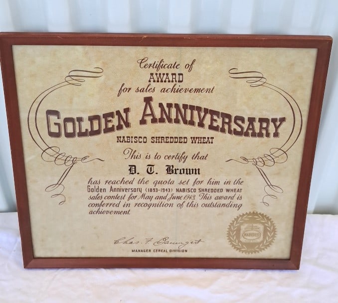 1943 Nabisco Shredded Wheat Golden Anniversary Sales Achievement Award Certificate Framed: 15 x 13 x 1in 1lb Low Estimate: 15.00 High Estimate: 75.00