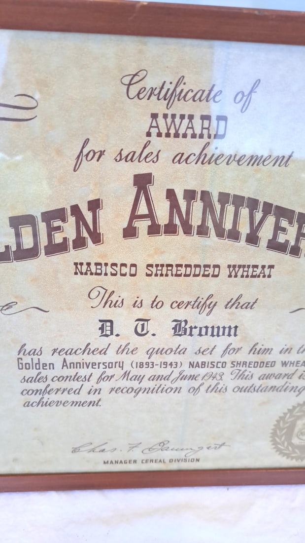 1943 Nabisco Shredded Wheat Golden Anniversary Sales Achievement Award Certificate Framed - 3