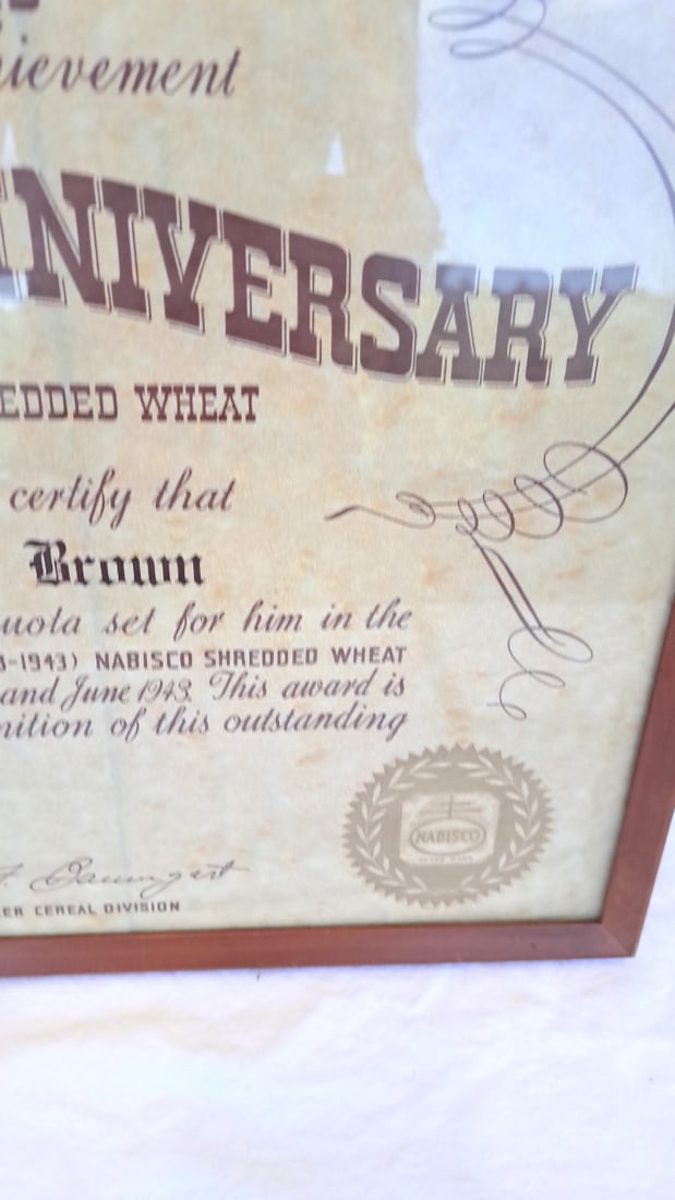 1943 Nabisco Shredded Wheat Golden Anniversary Sales Achievement Award Certificate Framed - 4