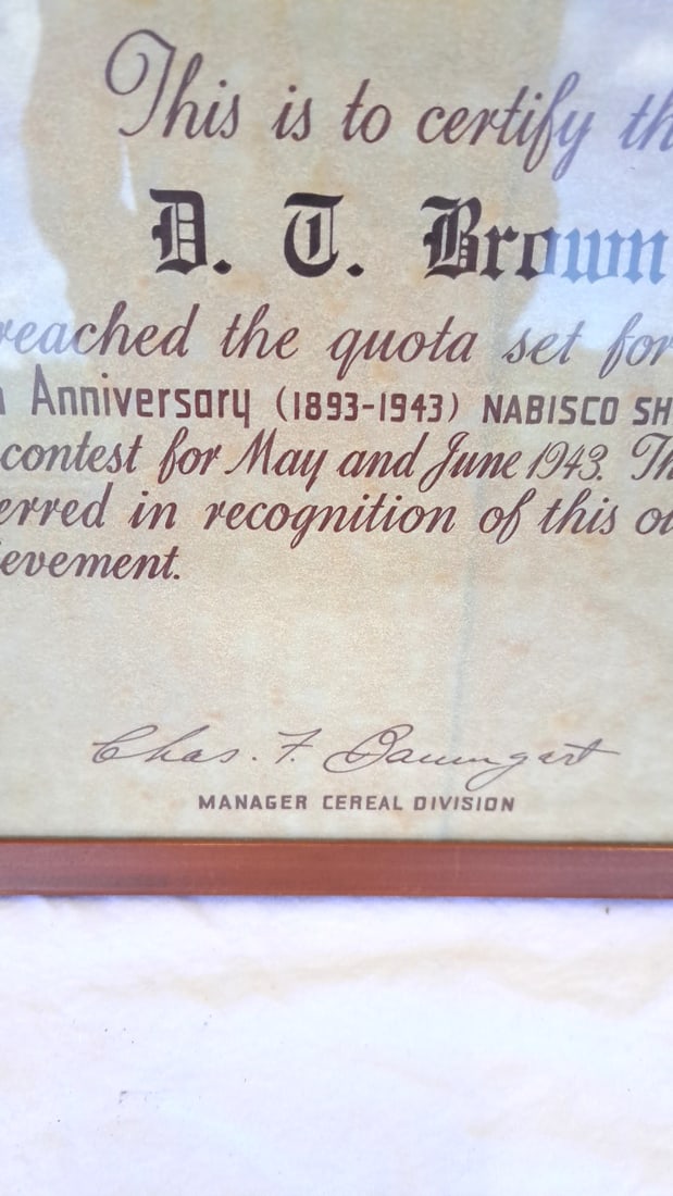 1943 Nabisco Shredded Wheat Golden Anniversary Sales Achievement Award Certificate Framed - 5