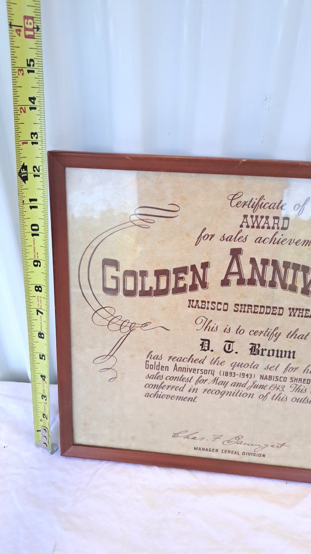 1943 Nabisco Shredded Wheat Golden Anniversary Sales Achievement Award Certificate Framed - 7