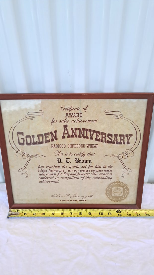 1943 Nabisco Shredded Wheat Golden Anniversary Sales Achievement Award Certificate Framed - 8