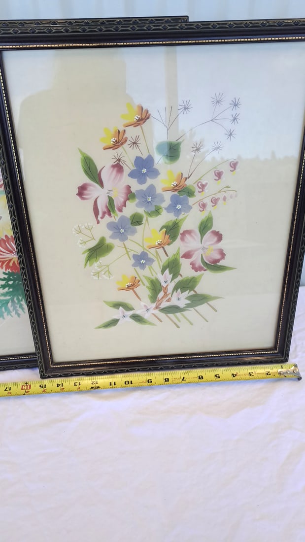 Pair Framed Floral Botanical Paintings On Fabric Canvas - 16