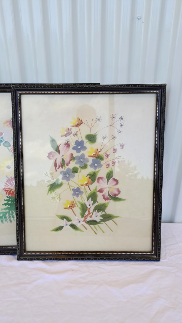 Pair Framed Floral Botanical Paintings On Fabric Canvas - 2