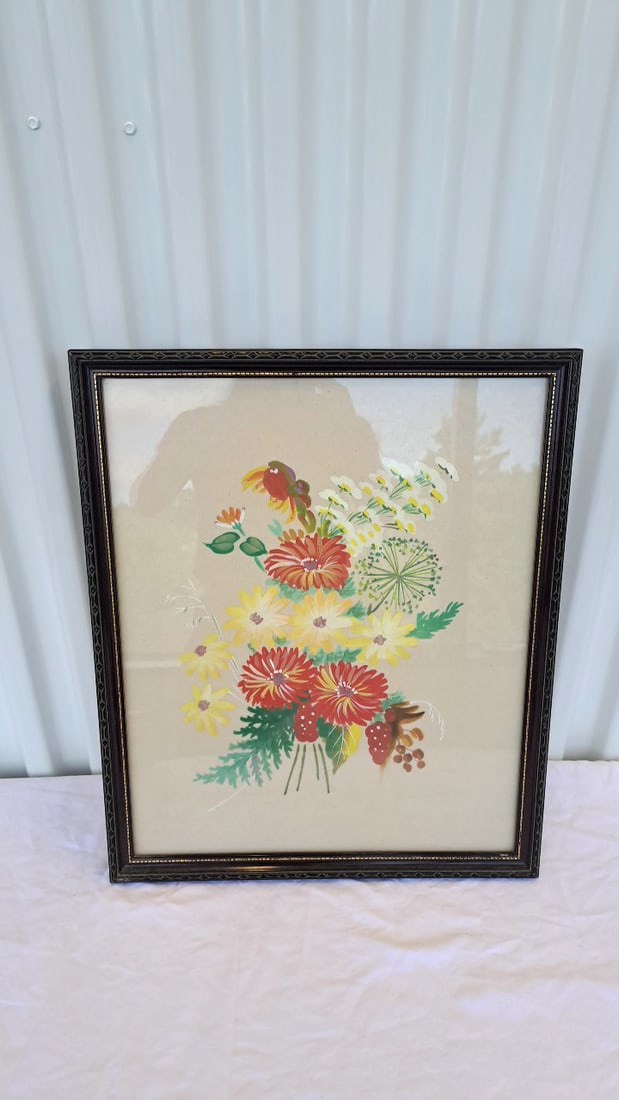 Pair Framed Floral Botanical Paintings On Fabric Canvas - 3