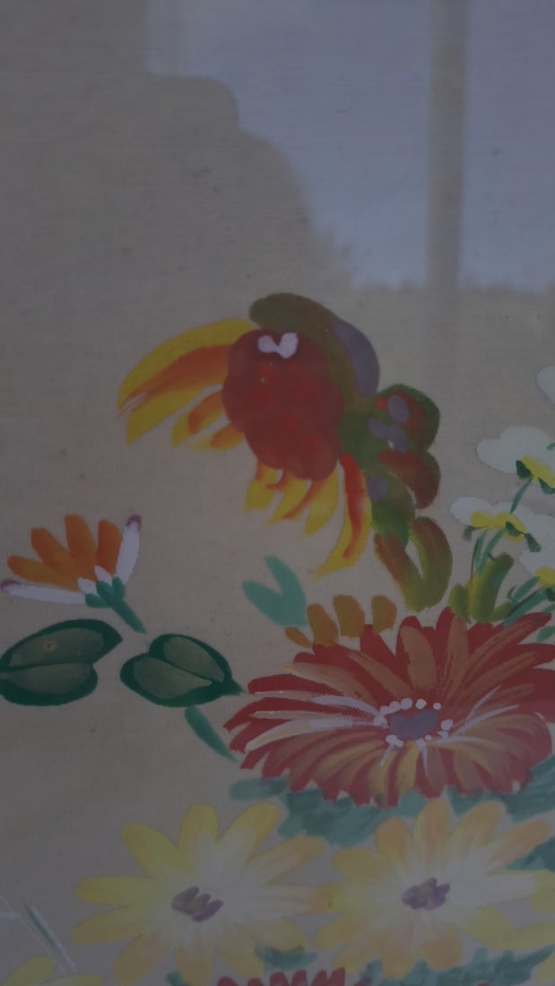 Pair Framed Floral Botanical Paintings On Fabric Canvas - 7