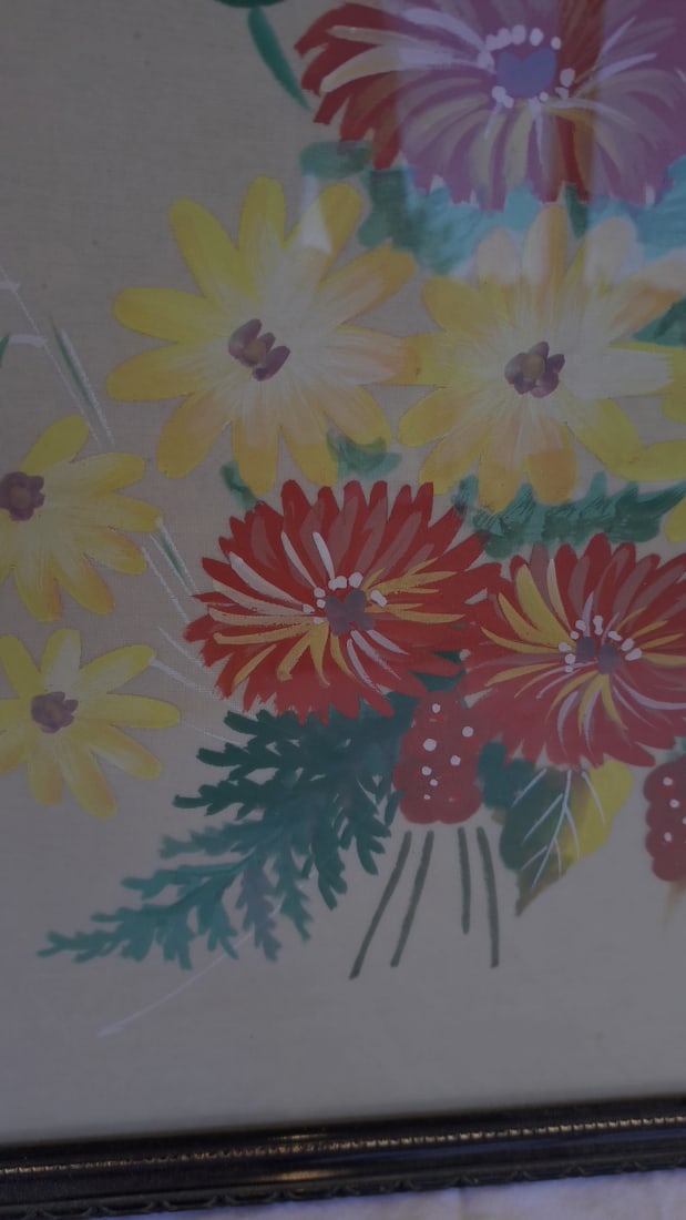 Pair Framed Floral Botanical Paintings On Fabric Canvas - 8