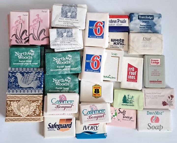 70 Assorted Hotel Brand Soap Bars Lot Motel 6, North Woods, Cashmere Bouquet, Safeguard, Dial: These are vintage and may not longer have the original perfume. 12 x 10 x 4in. 4lb Low Estimate: 12.00 High Estimate: 35.00