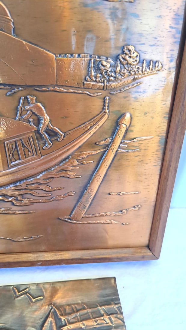 2 Copper Relief Wall Art Panels, Venice Gondola Scene Sailboat Harbor - 4