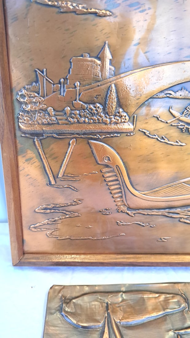 2 Copper Relief Wall Art Panels, Venice Gondola Scene Sailboat Harbor - 5