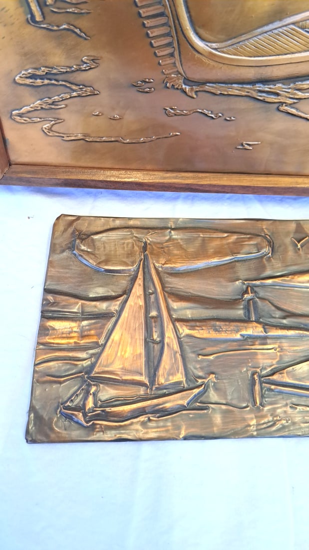 2 Copper Relief Wall Art Panels, Venice Gondola Scene Sailboat Harbor - 6