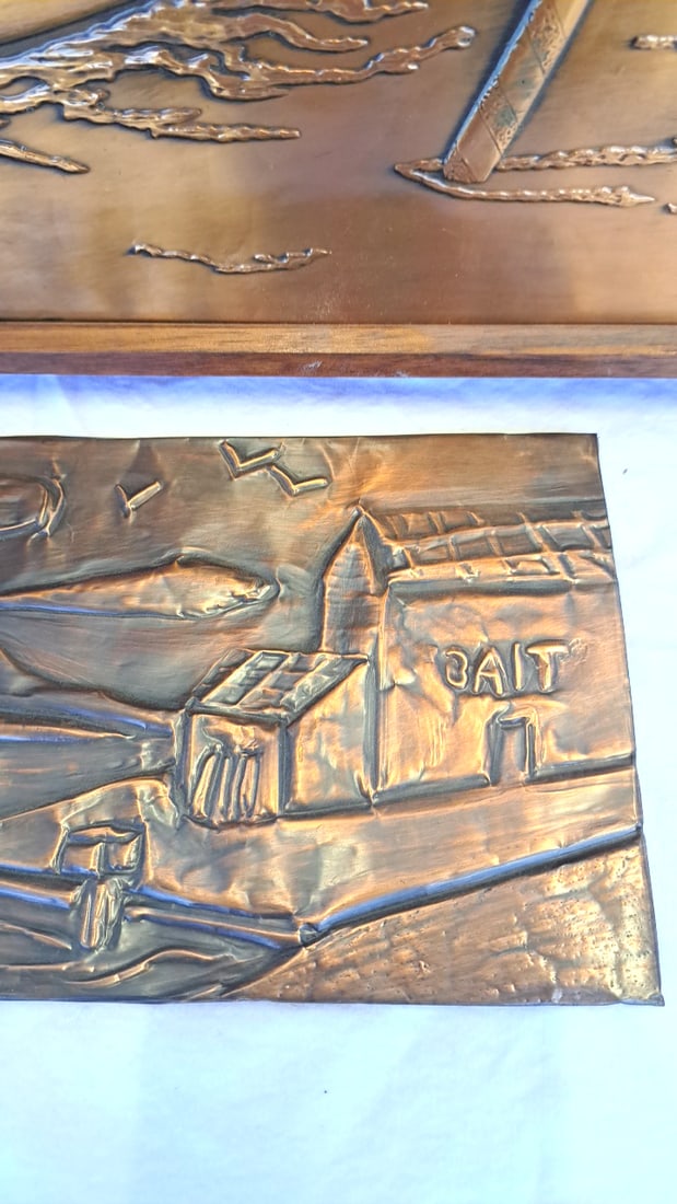 2 Copper Relief Wall Art Panels, Venice Gondola Scene Sailboat Harbor - 7