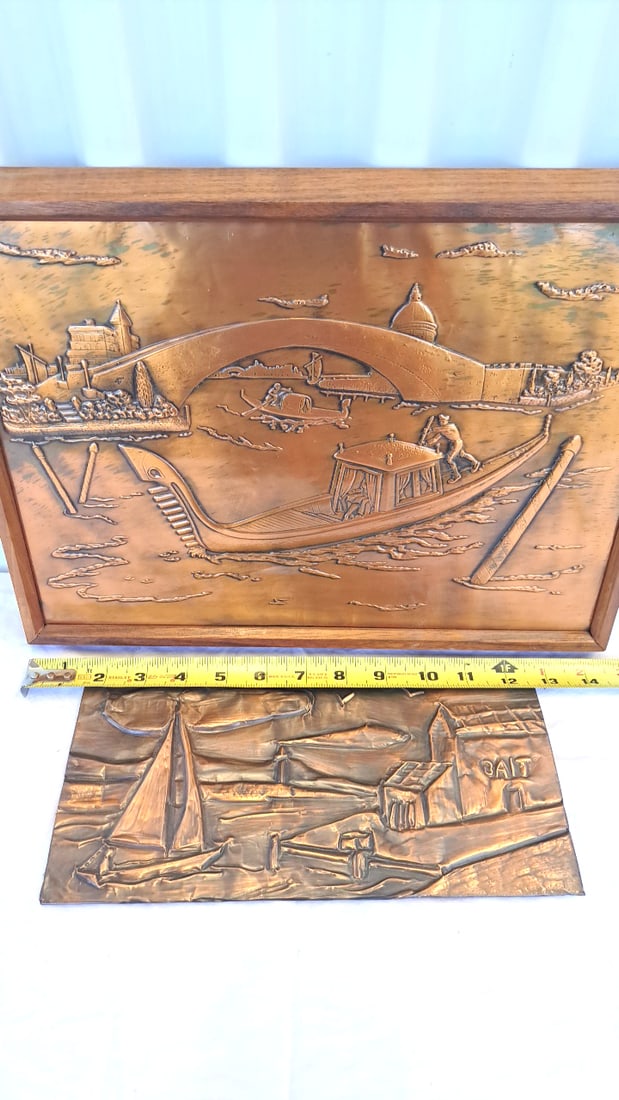 2 Copper Relief Wall Art Panels, Venice Gondola Scene Sailboat Harbor - 8