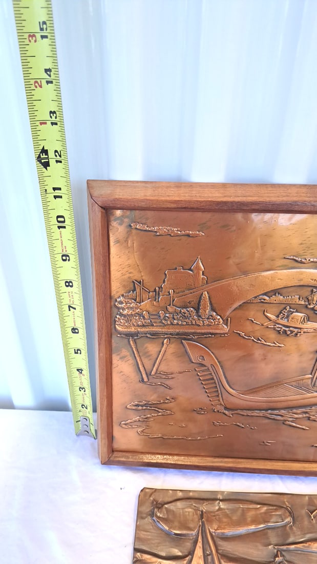2 Copper Relief Wall Art Panels, Venice Gondola Scene Sailboat Harbor - 9