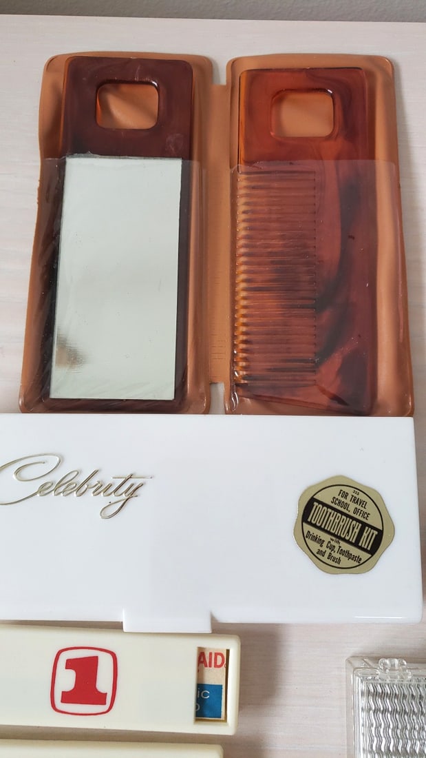 Vintage Vanity & Makeup Lot: Revlon Compact, Colgate Dental Kit, Mirrors & Combs - 11