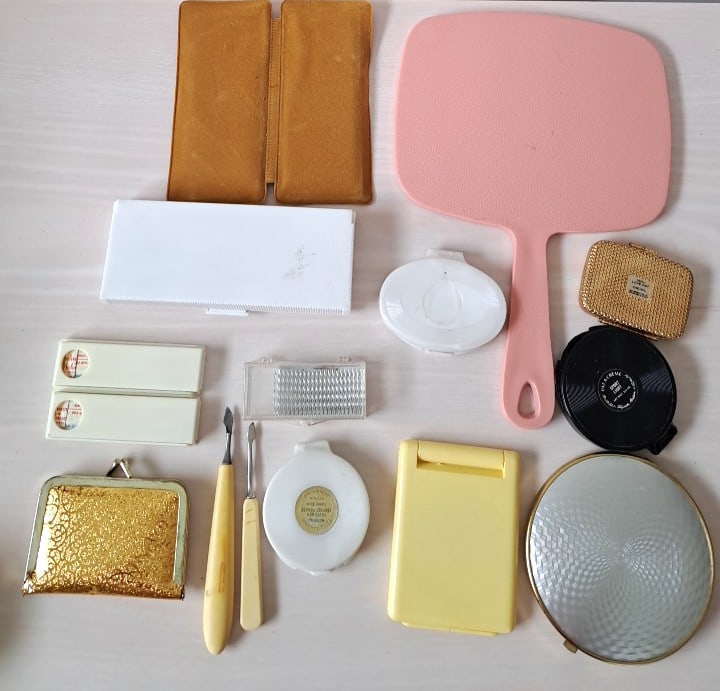 Vintage Vanity & Makeup Lot: Revlon Compact, Colgate Dental Kit, Mirrors & Combs - 2