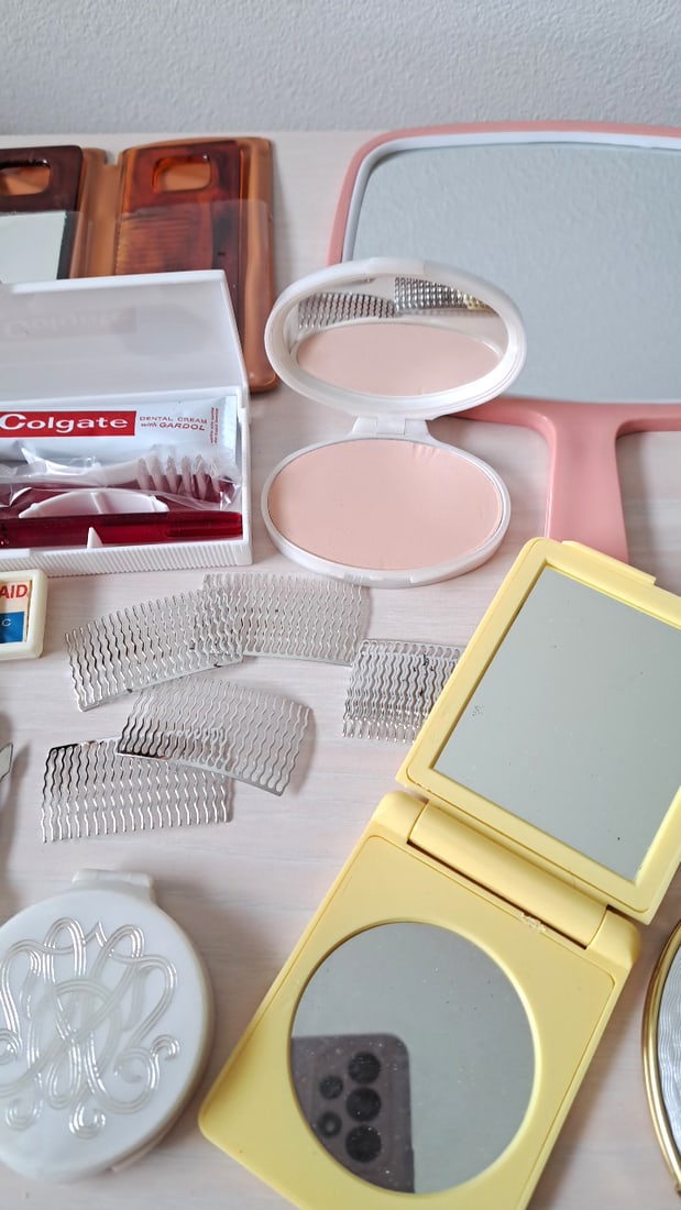 Vintage Vanity & Makeup Lot: Revlon Compact, Colgate Dental Kit, Mirrors & Combs - 7