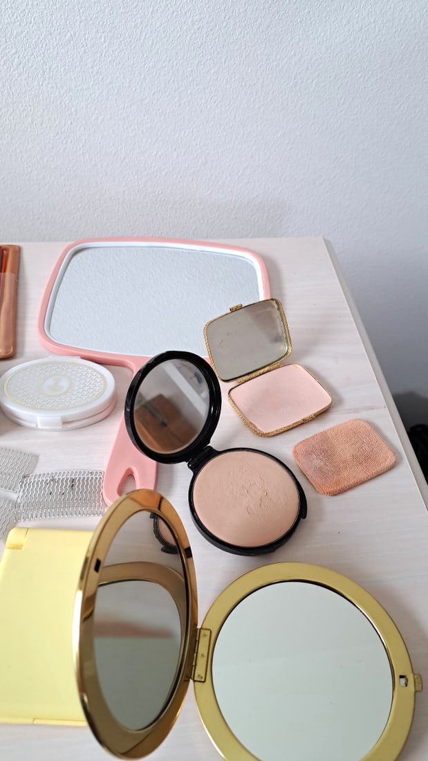 Vintage Vanity & Makeup Lot: Revlon Compact, Colgate Dental Kit, Mirrors & Combs - 8