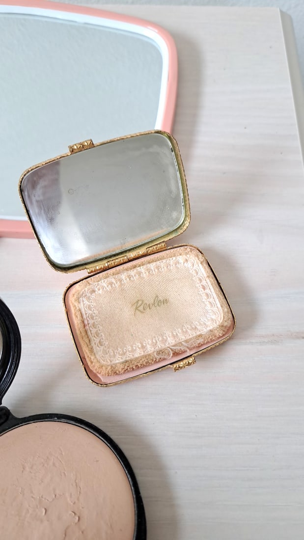 Vintage Vanity & Makeup Lot: Revlon Compact, Colgate Dental Kit, Mirrors & Combs - 9