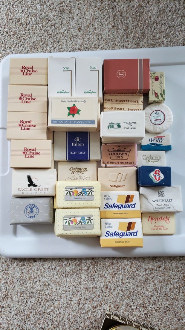 55 Vintage Hotel Travel Soap Bar Lot Royal Cruise Line Hilton Holiday Inn Safeguard Ivory: These may have lost their original fragrance. 12 x 10 x 4in. 4lb Low Estimate: 25.00 High Estimate: 50.00