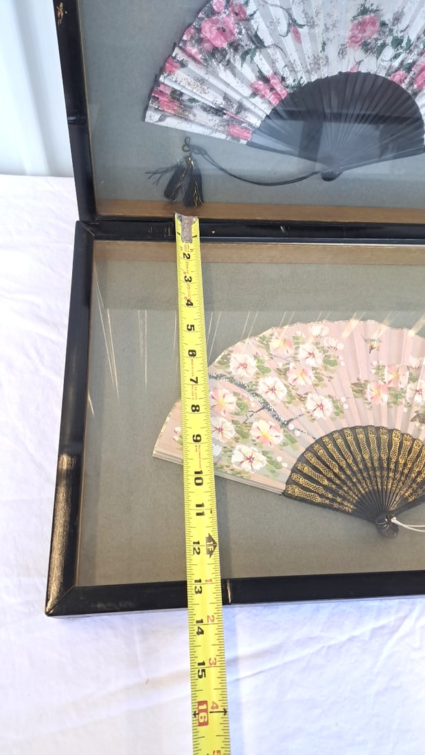 2 Painted Fabric Folding Fans In Black Framed Shadow Box - 2