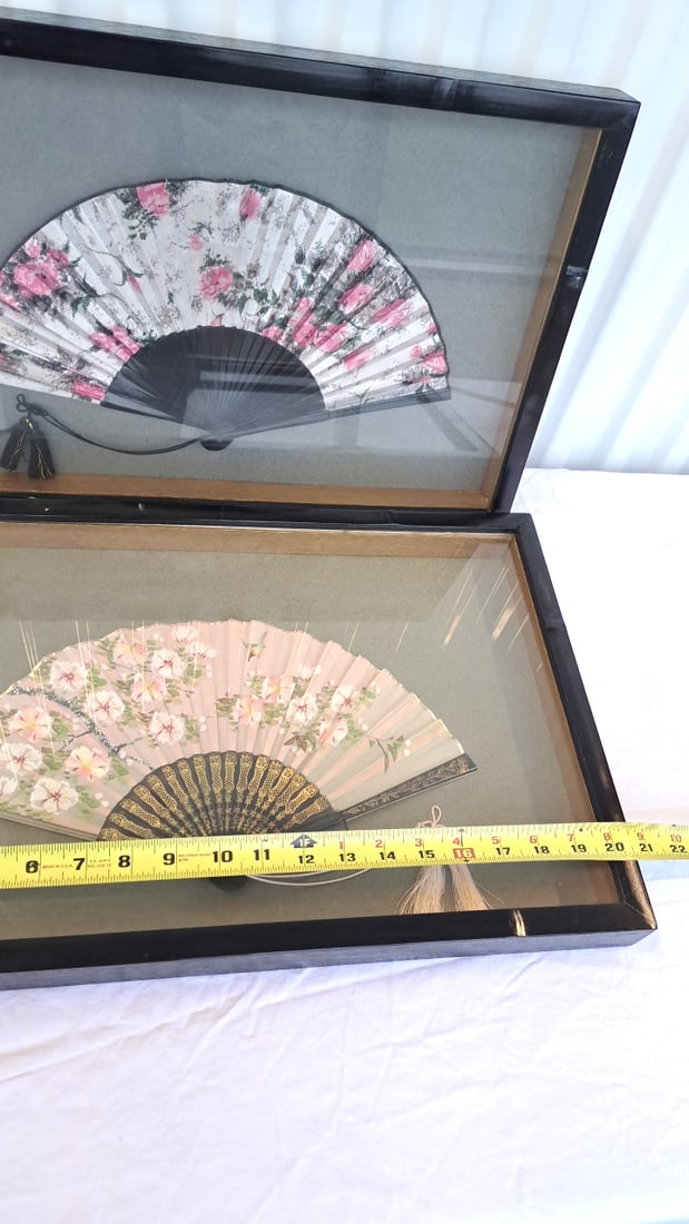 2 Painted Fabric Folding Fans In Black Framed Shadow Box - 3