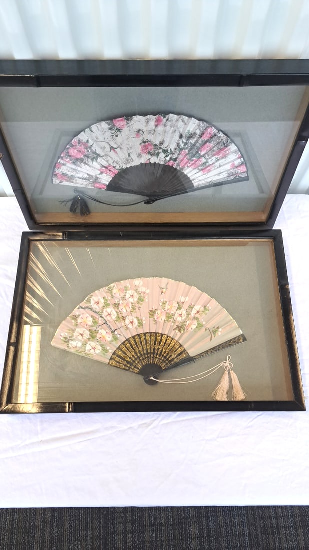 2 Painted Fabric Folding Fans In Black Framed Shadow Box - 5