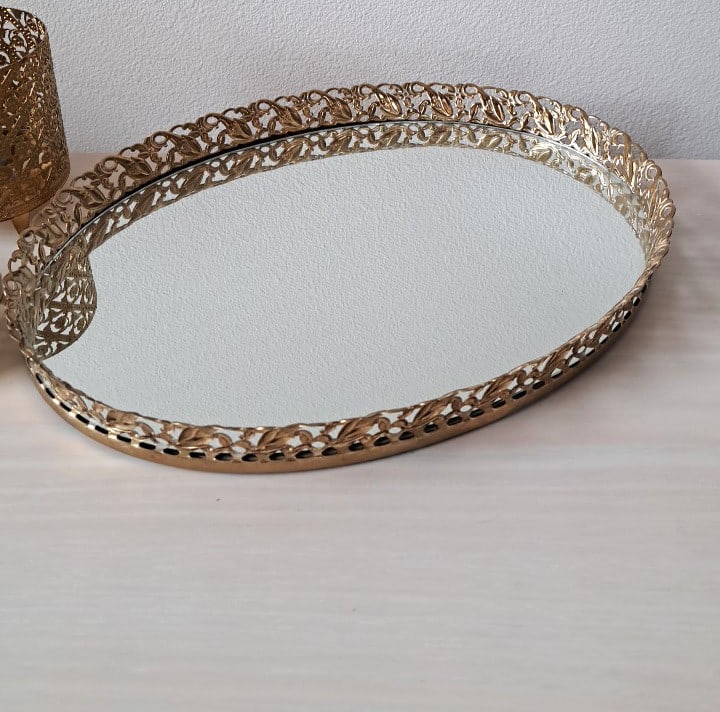 Gold-tone Filigree Mirrored Vanity Tray, And Other Pieces - 2