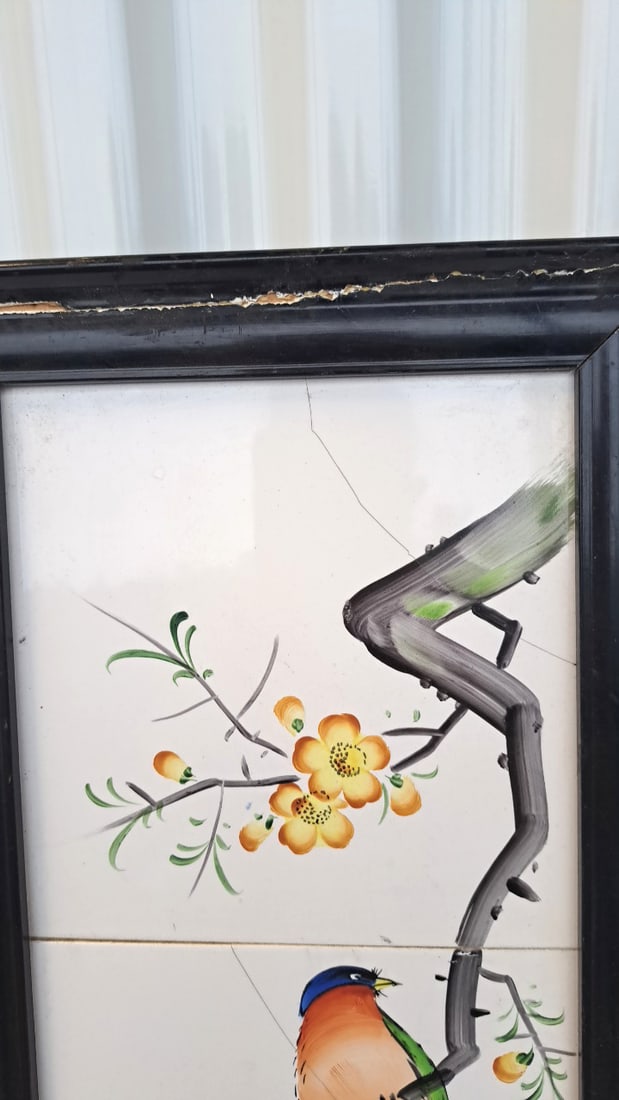 Asian Hand-painted Ceramic Tile Panel Bird And Flowers Black Frame - 4