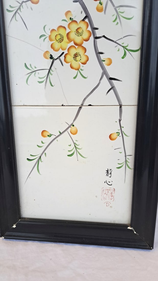 Asian Hand-painted Ceramic Tile Panel Bird And Flowers Black Frame - 7