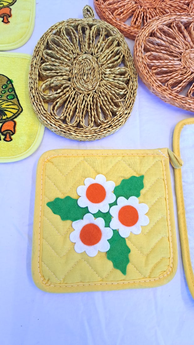 Kitchen Potholder Trivet Lot Vera Butterfly Pineapple Mushroom Floral Woven Straw - 4