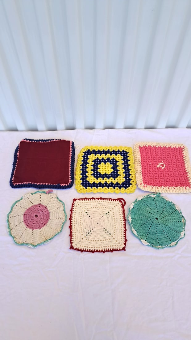 6 Crochet Pot Holders Assorted Floral Round Square Designs - 8