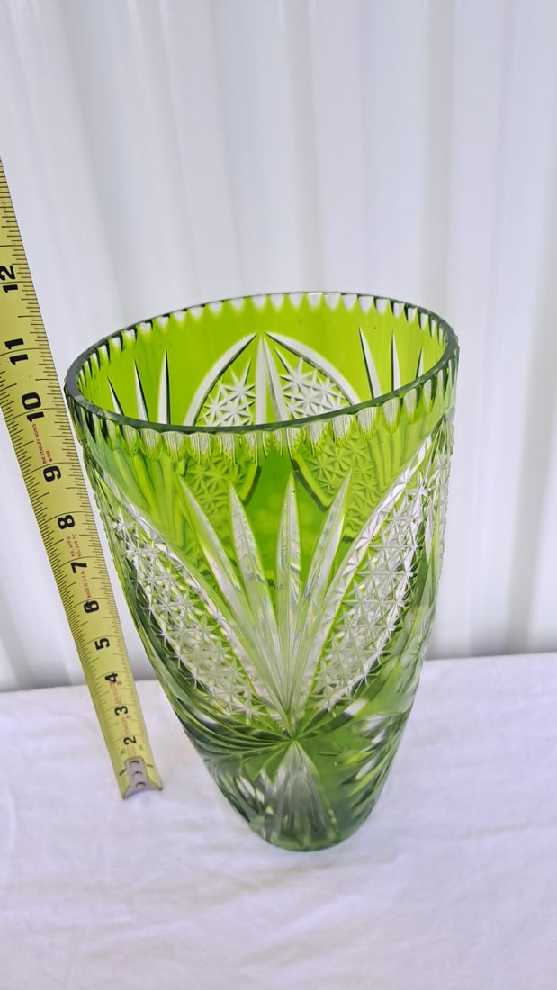 Green Cut To White Bohemian Glass Vase 10in - 2