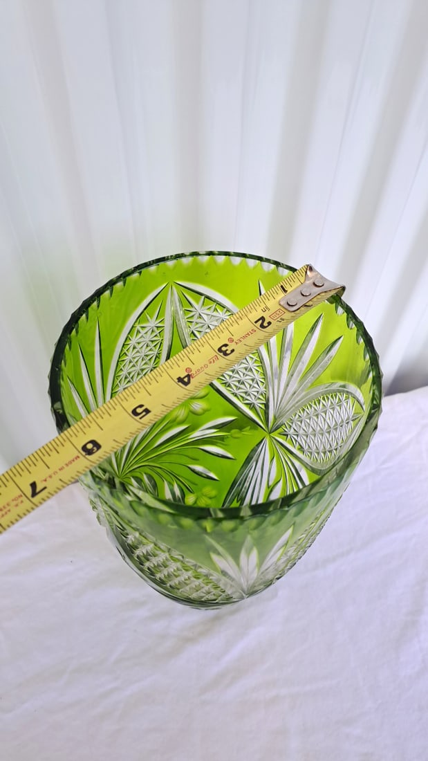 Green Cut To White Bohemian Glass Vase 10in - 3